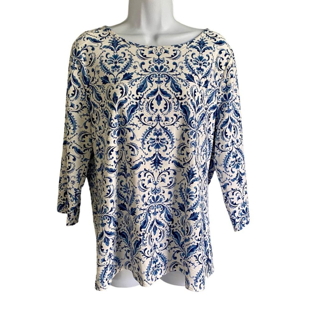 Juniper + Lime Women's Jacquard Blue White 3/4 Sleeve Top Medium NEW NWT